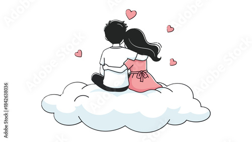 Enchanted Cloud Couple: A loving couple, embraces upon a fluffy cloud, surrounded by floating hearts, evoking a scene of dreams, affection and tender moments.