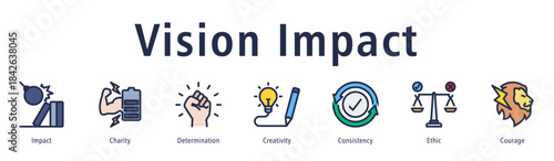 Vision impact icon vector concept showing impact, power, determination, innovation, consistency, and strong strategic direction.