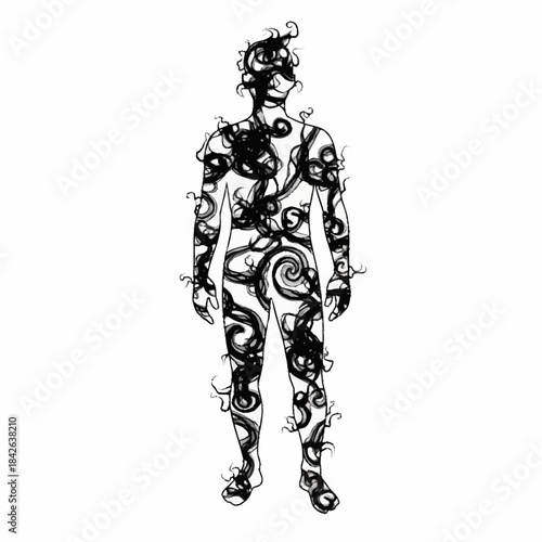 Man covered in swirling dark ink patterns.