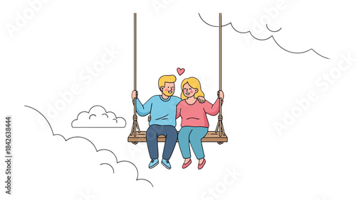 Romantic Swing in the Sky: A loving couple shares a moment of joy, as they swing together amidst fluffy clouds, their hearts entwined in the air with a symbol of love