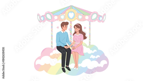 Carousel of Love: A sweet couple sharing a tender moment on a carousel, surrounded by pastel colors and a dreamy atmosphere.