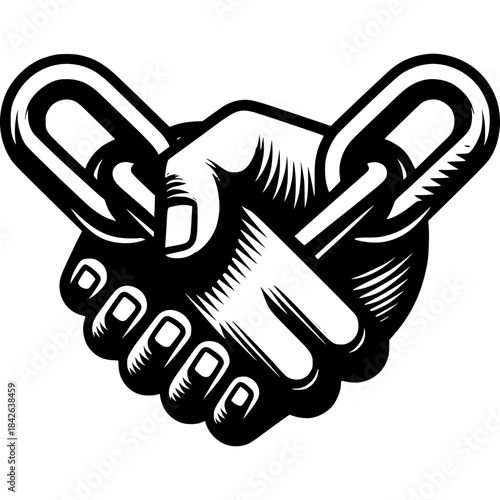 Handshake of Unity and Strength: An illustration depicting two clasped hands, representing partnership, agreement and teamwork, joined by a chain, symbolizes unity, strength and interconnectedness. 