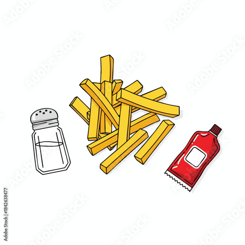 Illustration of a pile of fries, a salt shaker, and a red condiment container