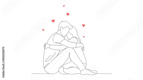 A Tender Embrace: The simplicity of lines, where two figures intertwined in a heartfelt embrace, with floating hearts conveying love. 