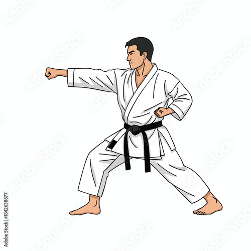 Man in white karate uniform, black belt, in punch pose, with bare feet on white bg