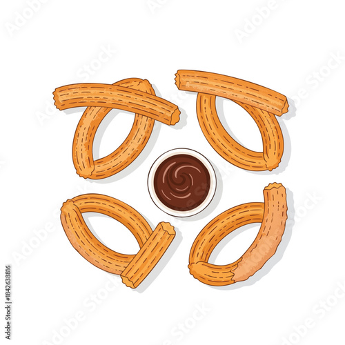 Vector image of fried dough pastries and a cup of dark chocolate dipping sauce