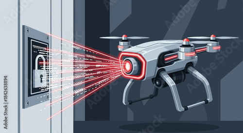 Drone transmitting binary data stream to access a secured lock, concept of surveillance and