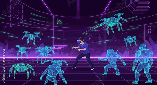 Engaging virtual reality battle simulation with futuristic robots and drones in a digital world