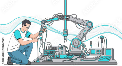 Engineer configuring and adjusting robotic arm for precision manufacturing tasks illustration