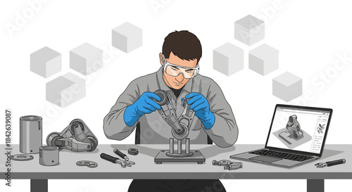 Engineer meticulously assembling a robotic arm, with virtual design shown on laptop and isometric