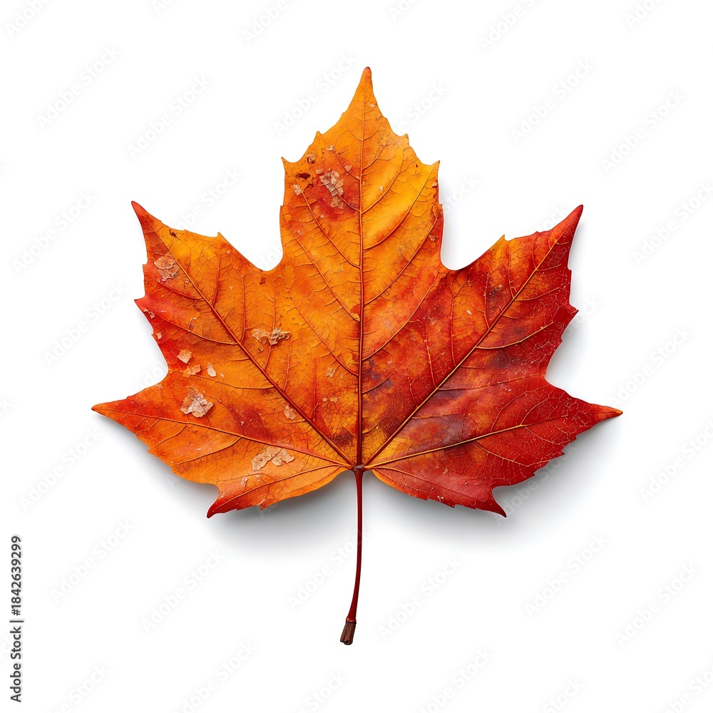 Fototapeta premium A vibrant maple leaf showcasing the beautiful colors of autumn, isolated on a white background