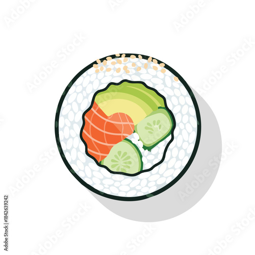 A top-down view of a sushi roll with fish, avocado, cucumber, and sesame seeds
