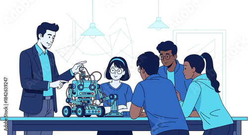 Enthusiastic students learning robotics and engaging with a futuristic innovation lab project