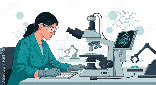Female scientist analyzing microscopic samples and taking notes in a hi-tech laboratory environment