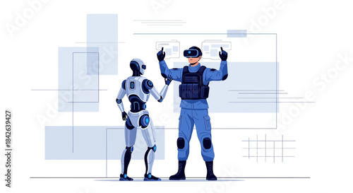 Future collaboration, an augmented reality user interacting with a modern humanoid robot system