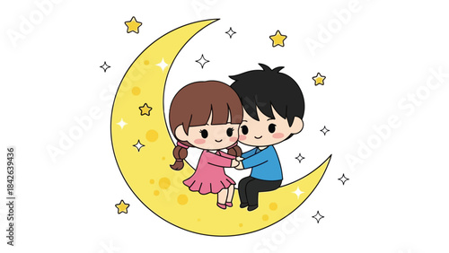 Love under the Moon: Two figures embrace, seated on a crescent moon amidst twinkling stars, a visual poem of love and connection. 