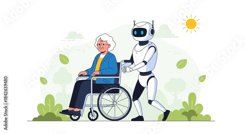 Future healthcare innovative robotic caregiver assists senior woman in wheelchair exploring serene