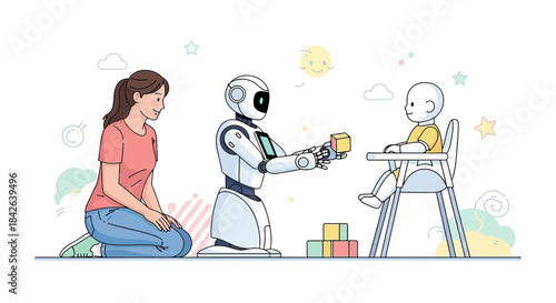 Future of childcare showing robot assisting with baby development and mother oversight