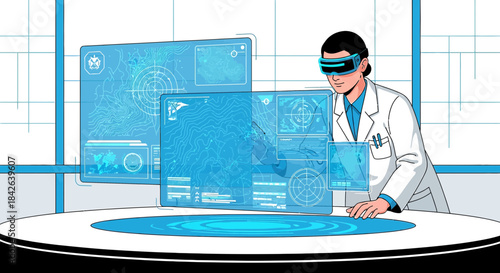 Future scientist using augmented reality interface, exploring data insights for cutting-edge