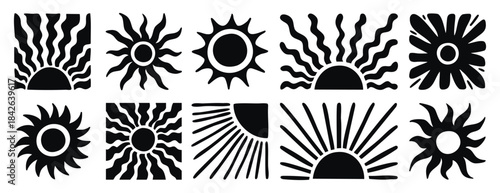 Boho suns set with aesthetic and mystical art vibe. Monochrome line art, hand drawn.