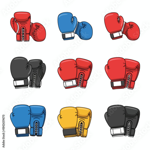 Cartoon boxing gloves, various colors, displayed on a white background