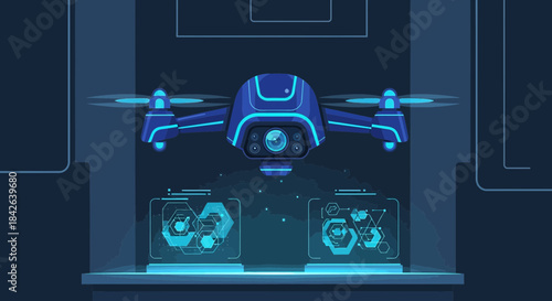 Futuristic aerial vehicle illustration with digital user interface elements, showcasing advanced