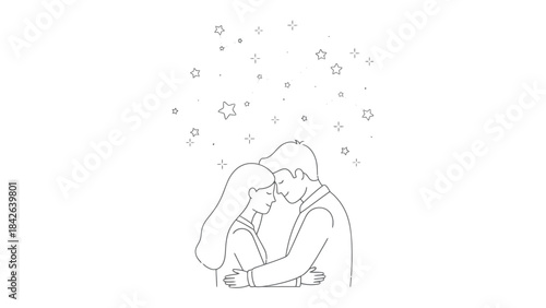 Eternal Embrace: Two figures, intertwined in a loving embrace beneath a canopy of stars, embodies the essence of an enduring bond. It's a minimalist drawing with romantic, love, tenderness.