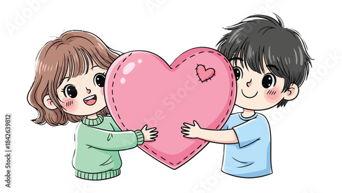 Love's Embrace: a tender cartoon image depicting a couple holding a heart. A charming and heartfelt illustration perfect for conveying themes of love, affection, and togetherness.
