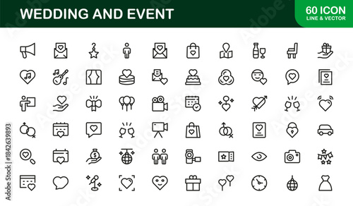 Wedding and Event Professional Line Icon Set with Modern Minimalist Vector Design for Elegant Celebrations and Special Occasions