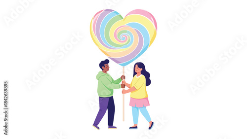 Love's Sweet Embrace: Two figures holding a massive heart-shaped lollipop, a symbol of affection, sweet moments, and the colorful joy of relationships. 