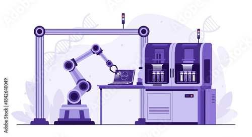 Futuristic biomedical laboratory setup, innovative robot arm working on laptop conducting