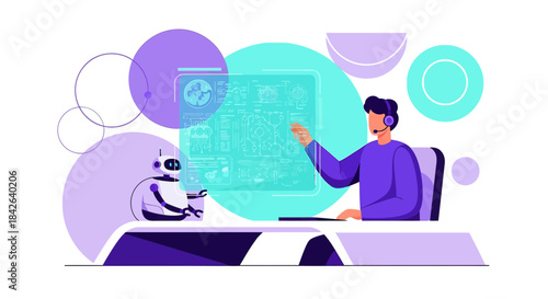 Futuristic Collaboration: Human Support Agent Interacting with Advanced AI Robot Assistant