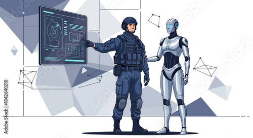 Futuristic collaboration depicting a robotic assistant and special force agent analyzing strategic