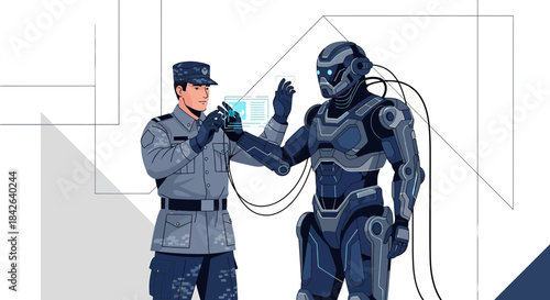 Futuristic collaboration soldier interacting with advanced robot tech in future scenario