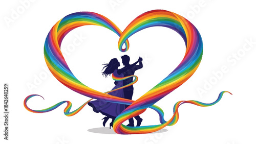 Love's Embrace: A couple dances gracefully within the vibrant embrace of a rainbow heart, symbolizing love, acceptance, and unity.