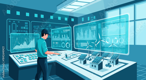 Futuristic control center showcasing renewable energy sources and data analysis visualization