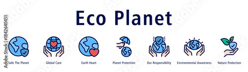 Eco Planet web banner icon vector illustration with icons of Safe the Planet, Global Care, Earth Heart, Planet Protection, Environmental Awareness, Our Responsibility, and Nature Protection.