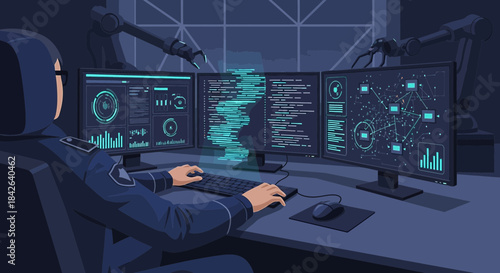 Futuristic cybersecurity specialist working with advanced technology for robotic automation control