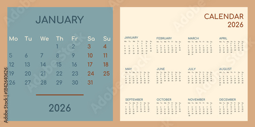 January 2026 calendar vector template. A colorful, warm-toned calendar for the entire 2026 year for planning and business.