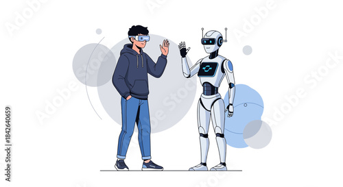 Futuristic encounter of human wearing VR glasses interacting with an advanced robot waving hand