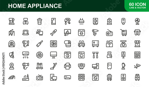 Modern Home Appliance Line Icon Set – Professional minimal kitchen and electronics vector collection for digital projects