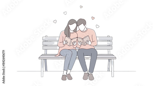 A moment of shared intimacy: A tender scene depicts a couple immersed in a shared reading experience, nestled together on a park bench.