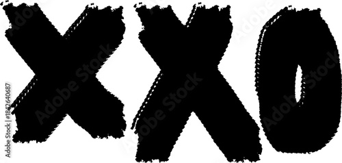 Brushstroke Letters XXO on White Background – Bold Black Symbols, Expression, Texture, Vector, Game, Art