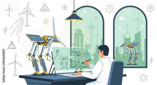Futuristic engineer creating eco-friendly robots for sustainable energy solutions