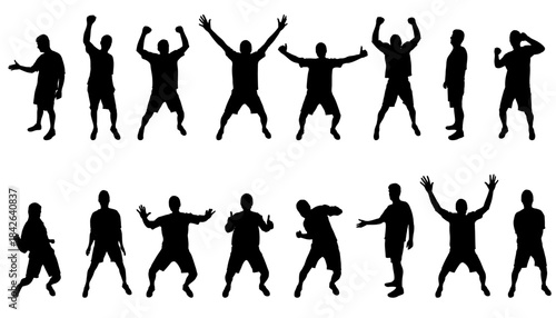 Collection of men silhouettes cheering, jumping, and showing thumbs up gestures. Vector illustration
