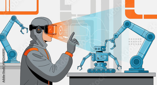 Futuristic factory automation concept with engineer using augmented reality for robotics management