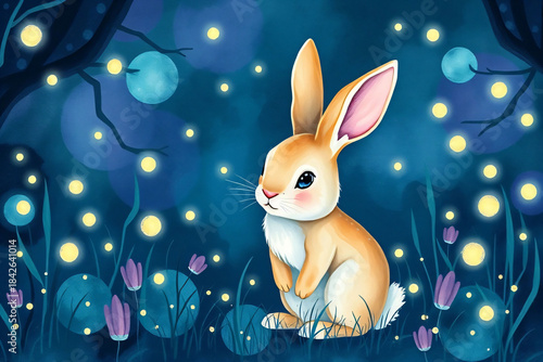 Enchanted Night: A Whimsical Rabbit in a Glowing, Magical Forest