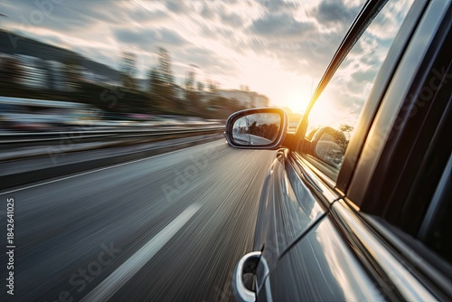 A side view captures a car in motion, blurred background, reflecting sunlight