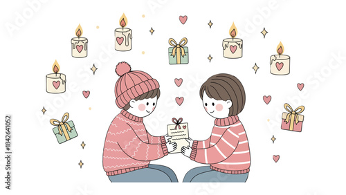 A Sweet Gift of Love: Two cartoon people exchanging gifts, surrounded by candles and hearts, celebrating love and affection in a cozy atmosphere.
