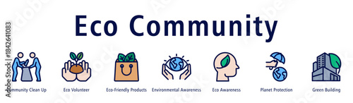 Eco Community web banner icon vector illustration with icons of Community Clean Up, Eco Volunteer, Eco-Friendly Products, Environmental Awareness, Eco Awareness, Planet Protection, and Green Building